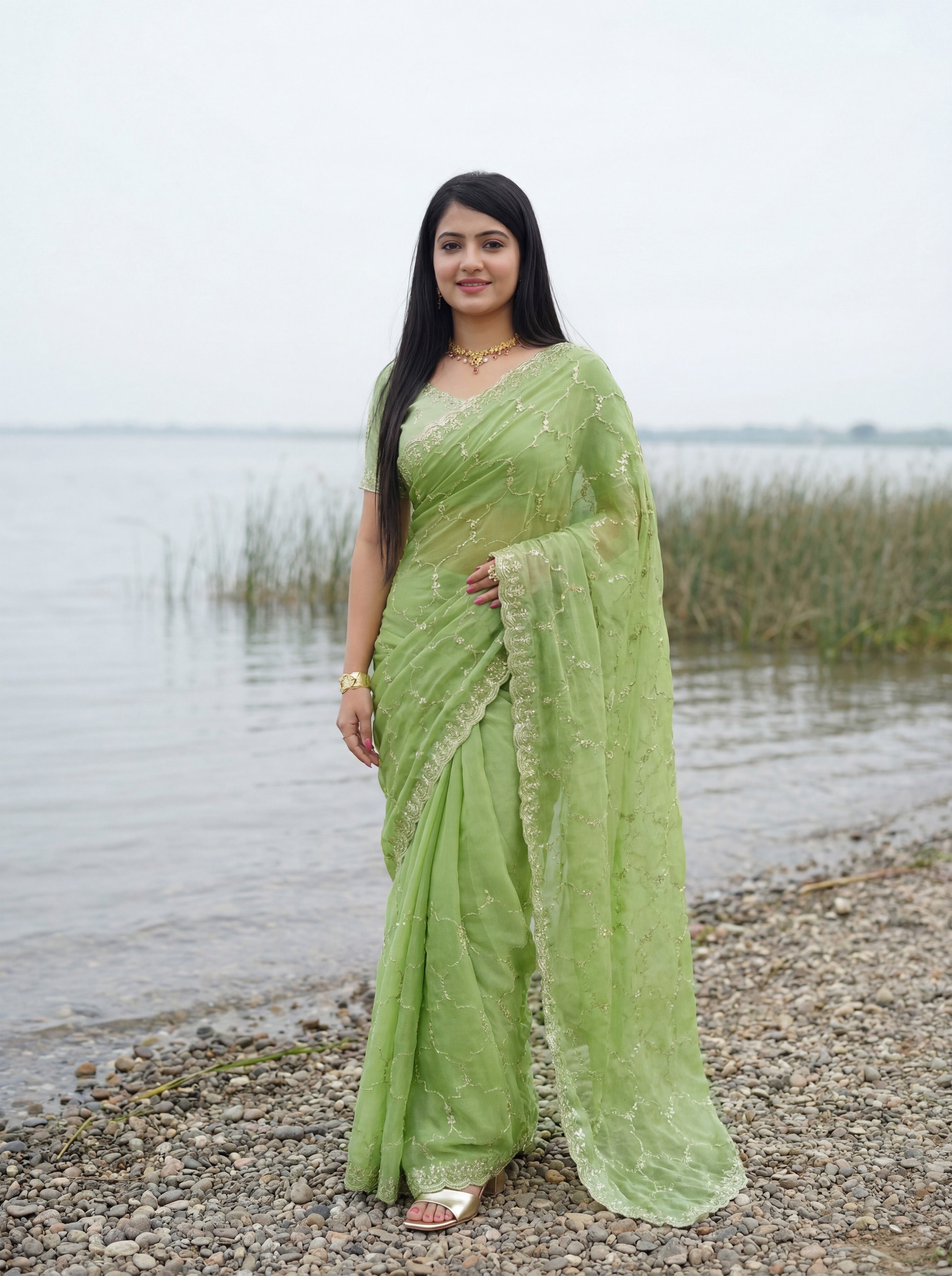 Green Tissue Geometric Sequence Work Saree
