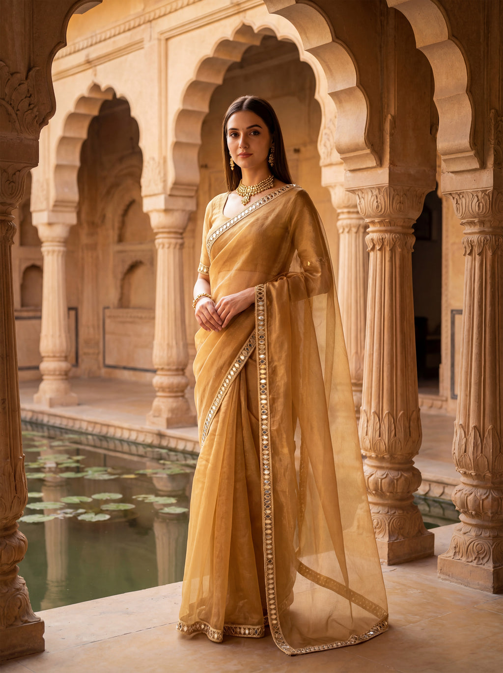 Mustard Tissue Geometric Mirror Work Saree