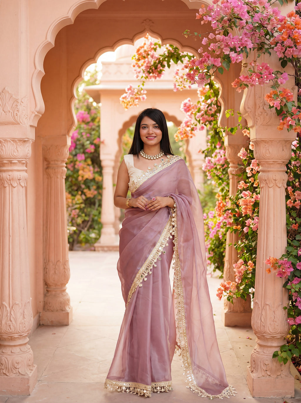 Mauve Organza Mirror Work Saree