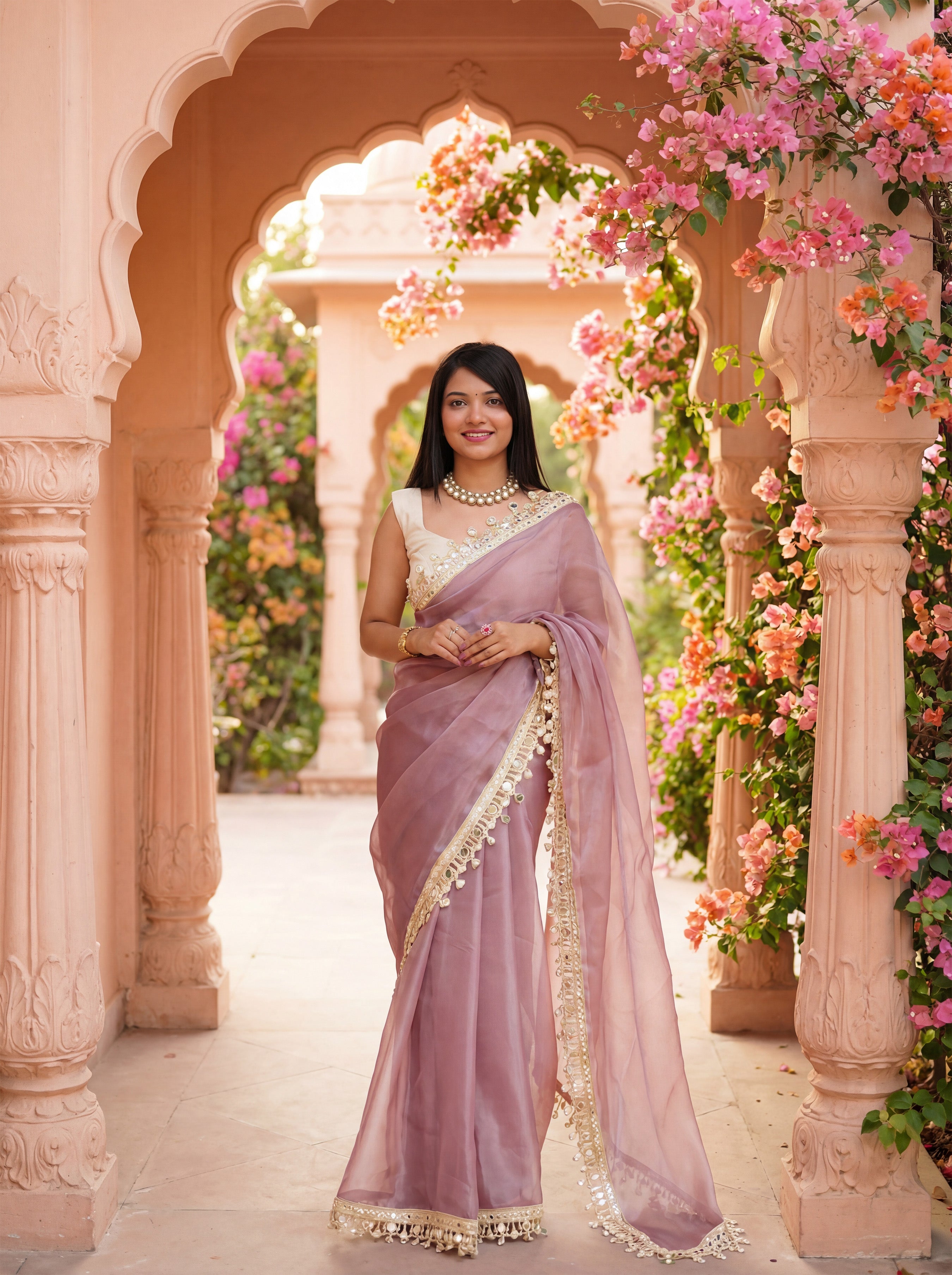 Mauve Organza Mirror Work Saree