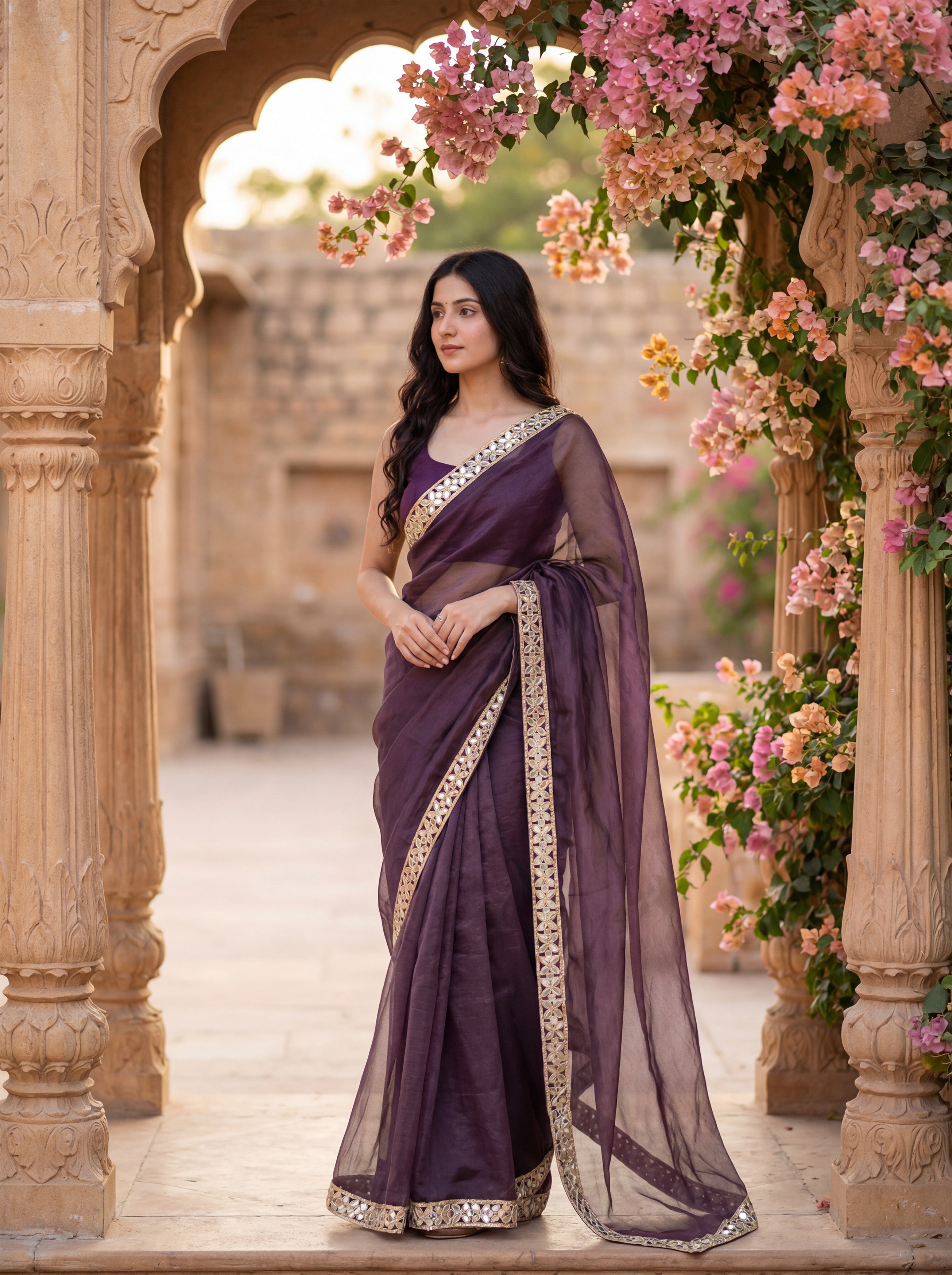 Magenta Tissue Geometric Mirror Work Saree