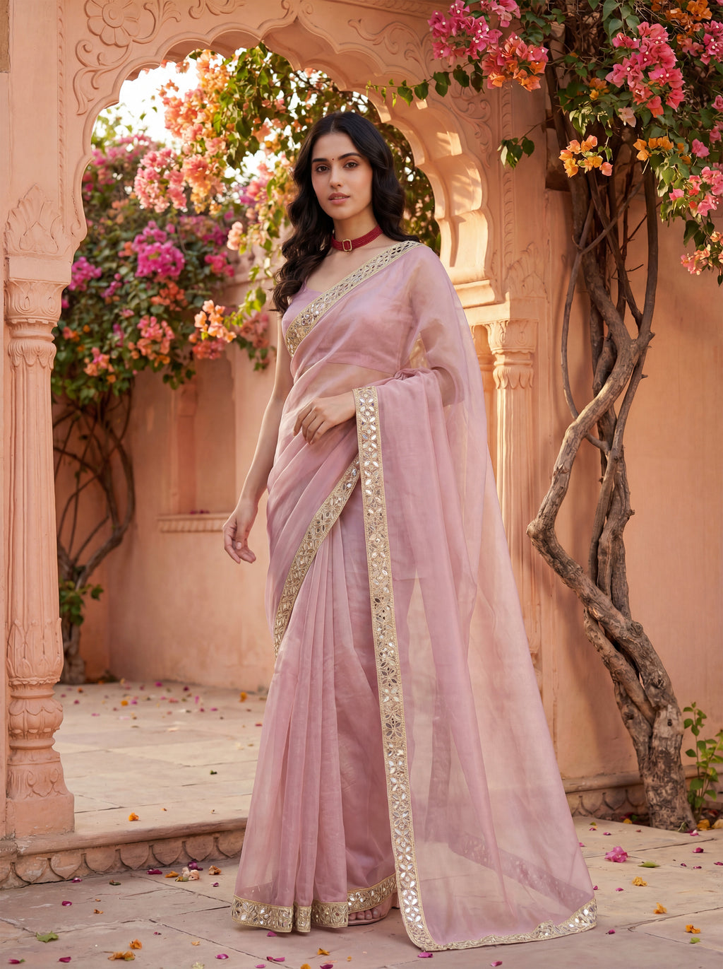 Lavender Tissue Geometric Mirror Work Saree