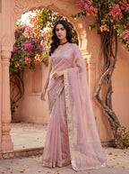 Lavender Tissue Geometric Mirror Work Saree