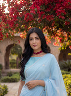 Blue Georgette Floral Stone & Beads Work Saree