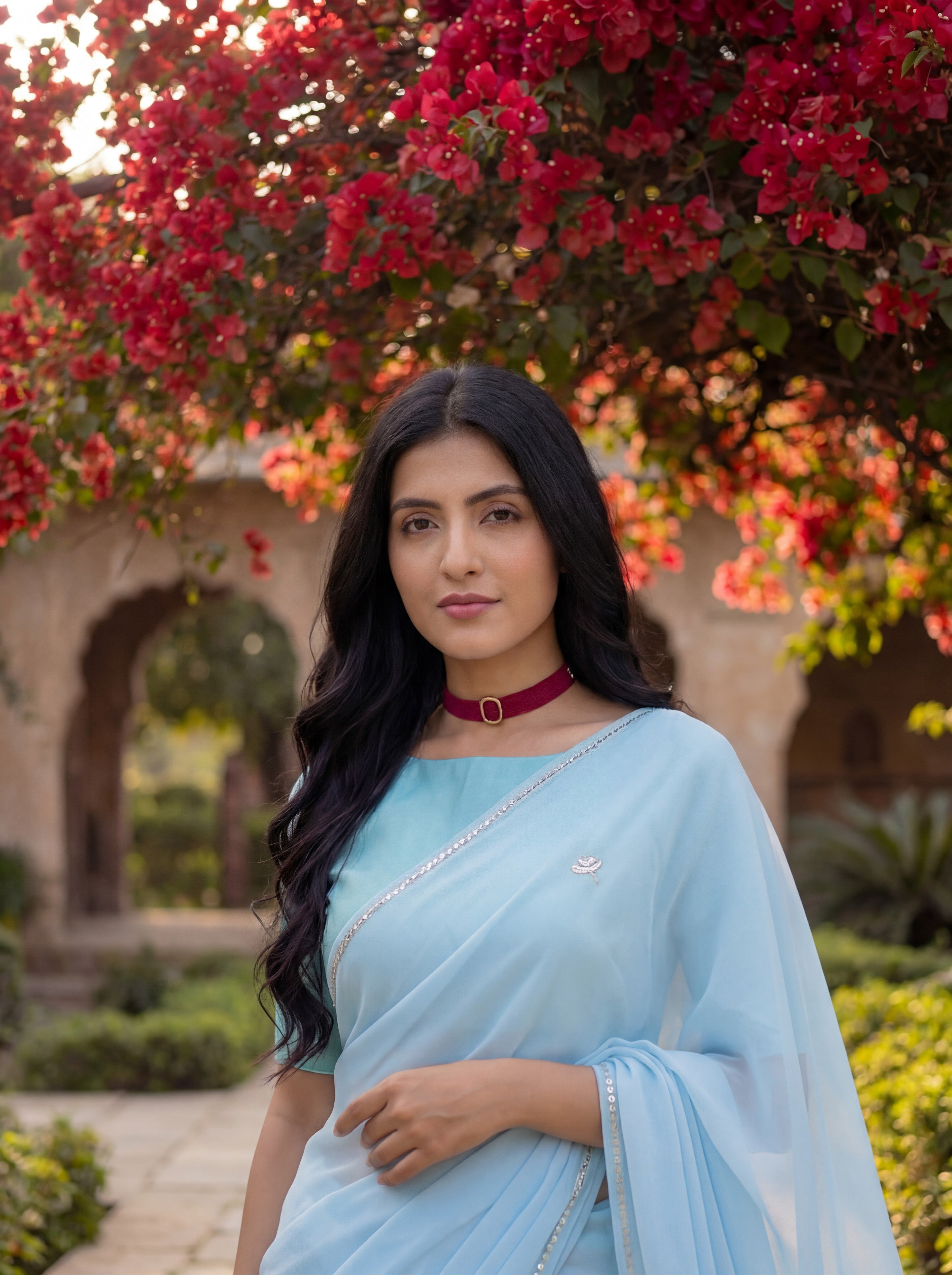 Blue Georgette Floral Stone & Beads Work Saree