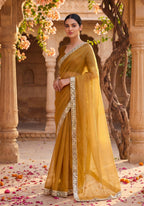 Rust Tissue Geometric Mirror Work Saree