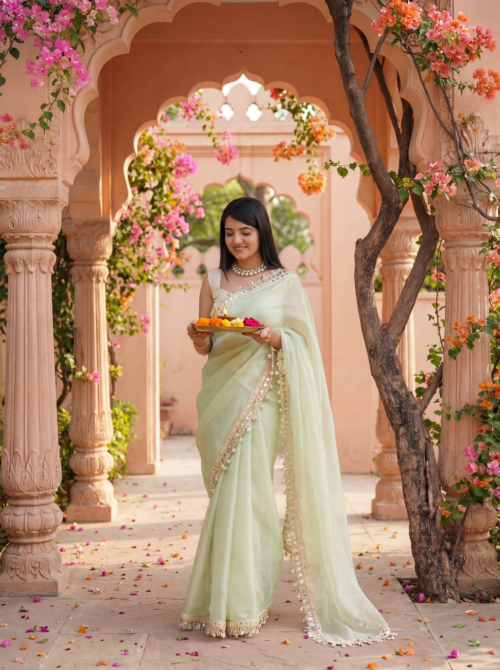 Green Organza Mirror Work Saree