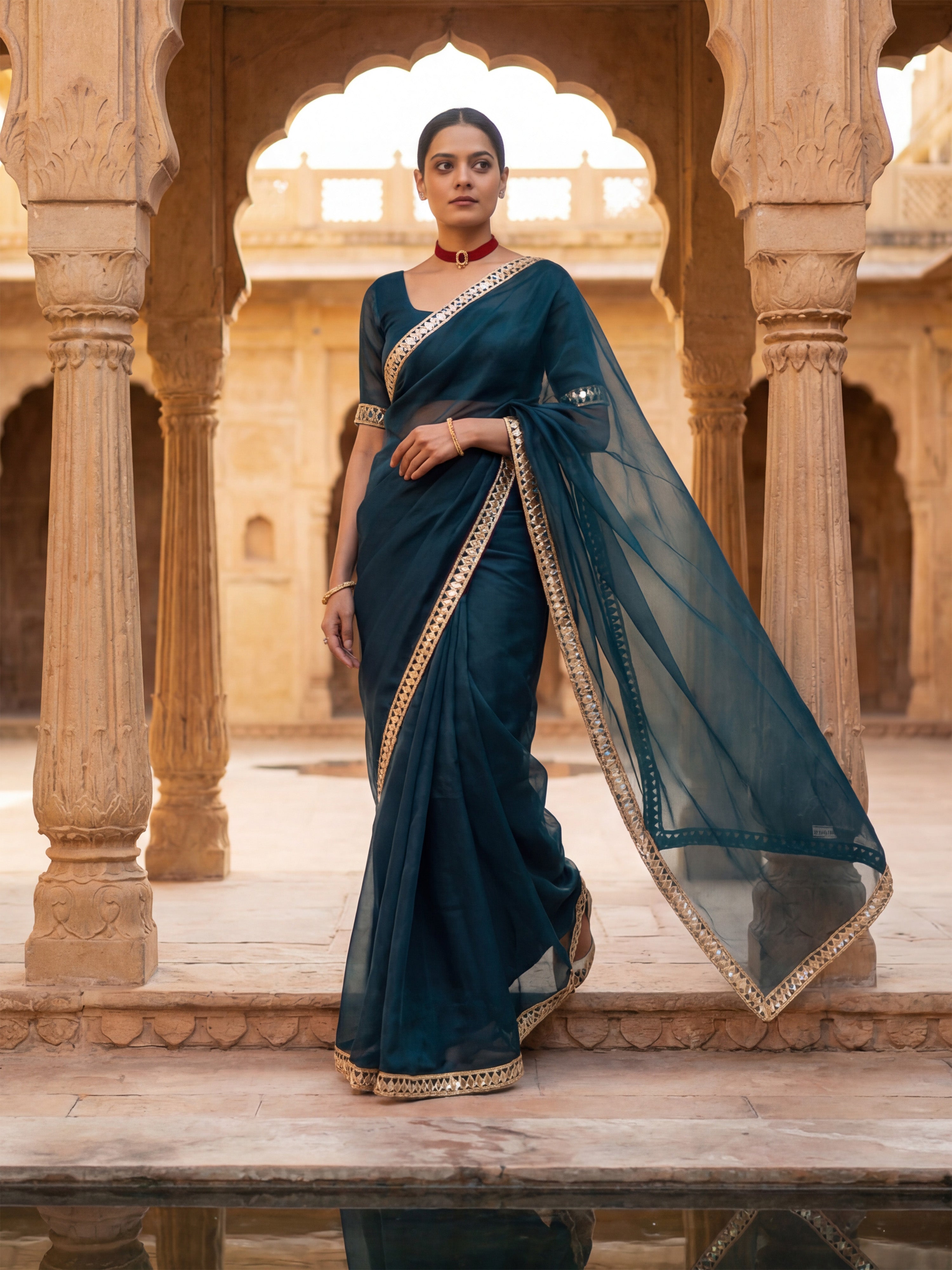 Blue Tissue Geometric Mirror Work Saree