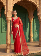 Red Tissue Geometric Mirror Work Saree