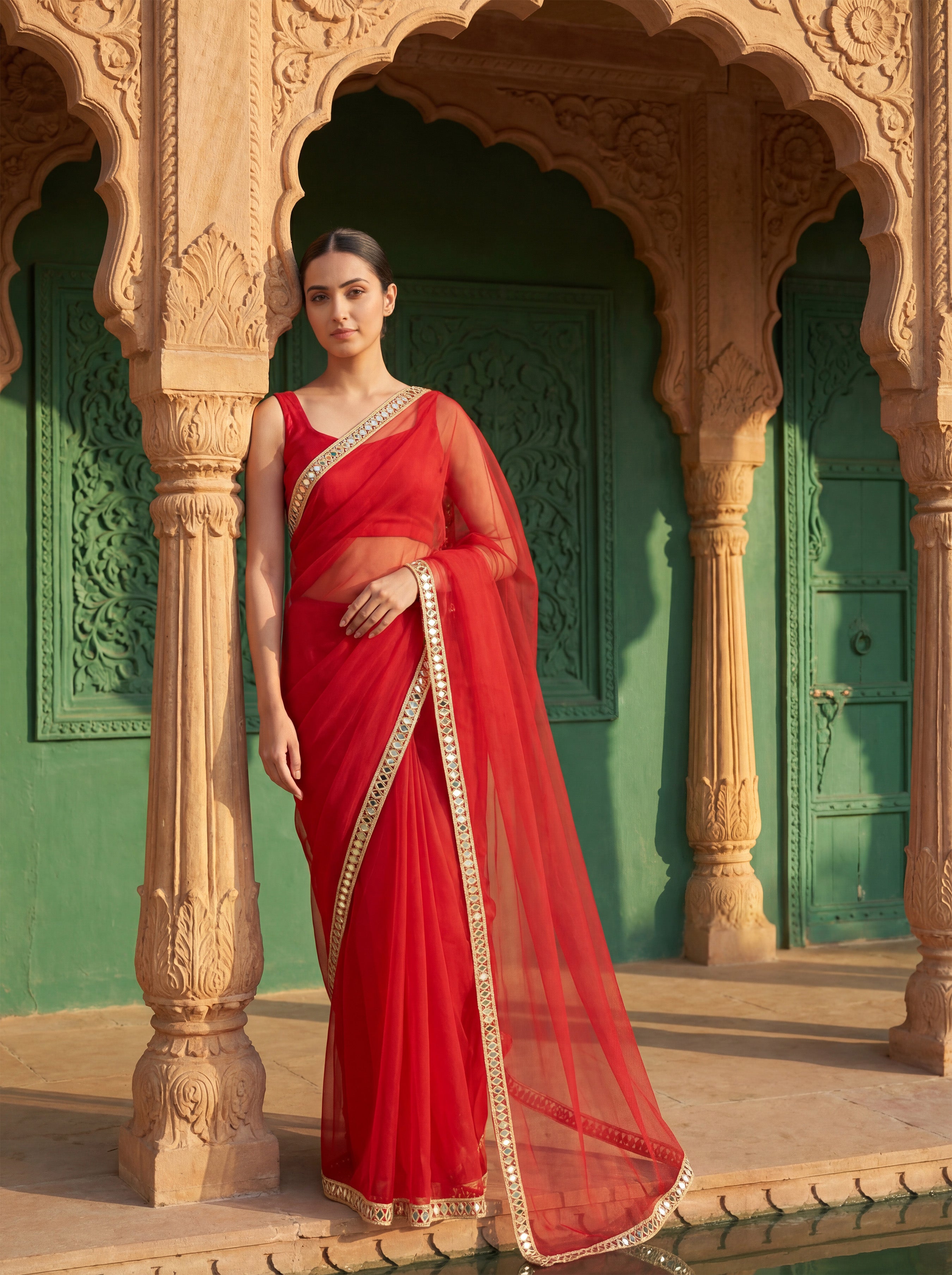 Red Tissue Geometric Mirror Work Saree