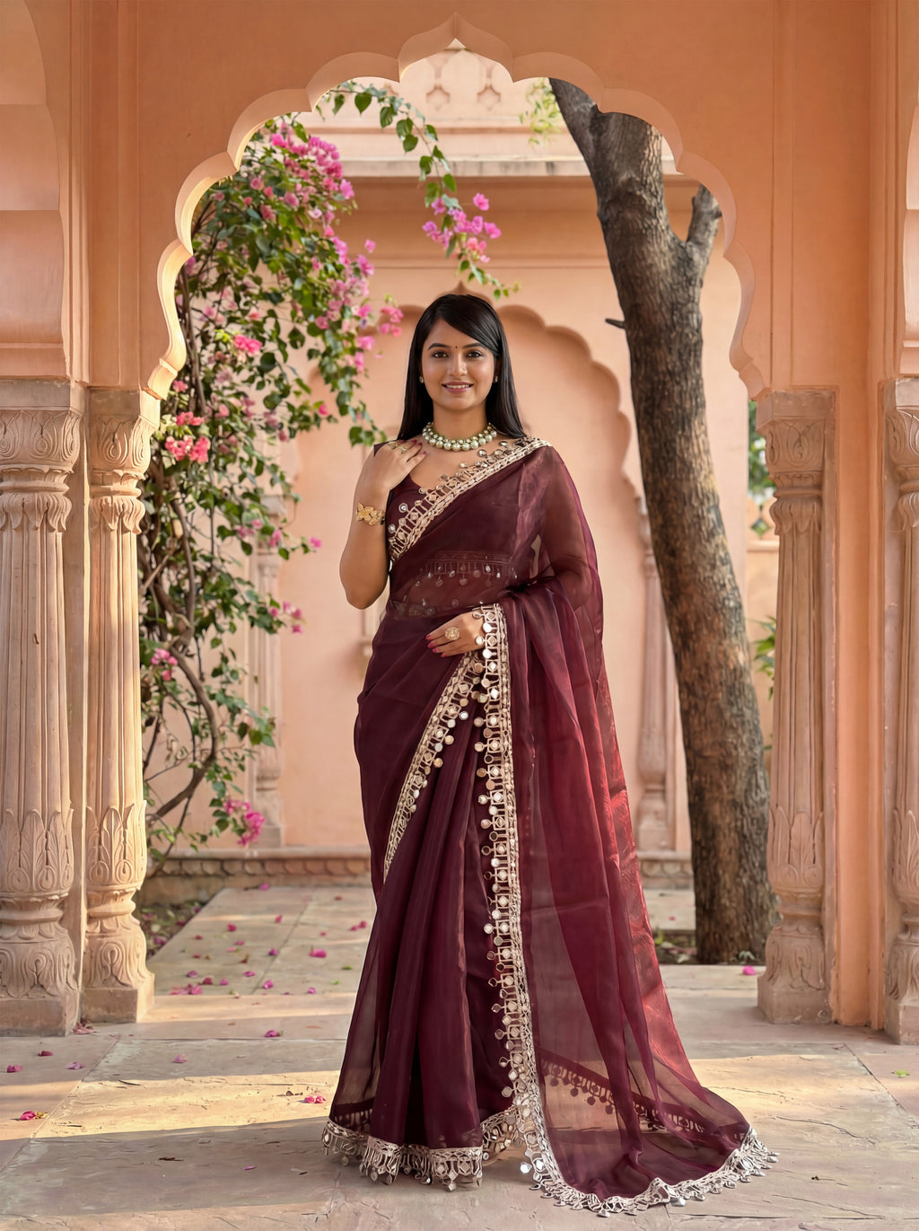 Maroon Organza Mirror Work Saree