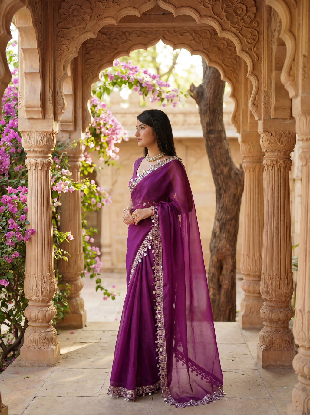 Burgundy Organza Mirror Work Saree