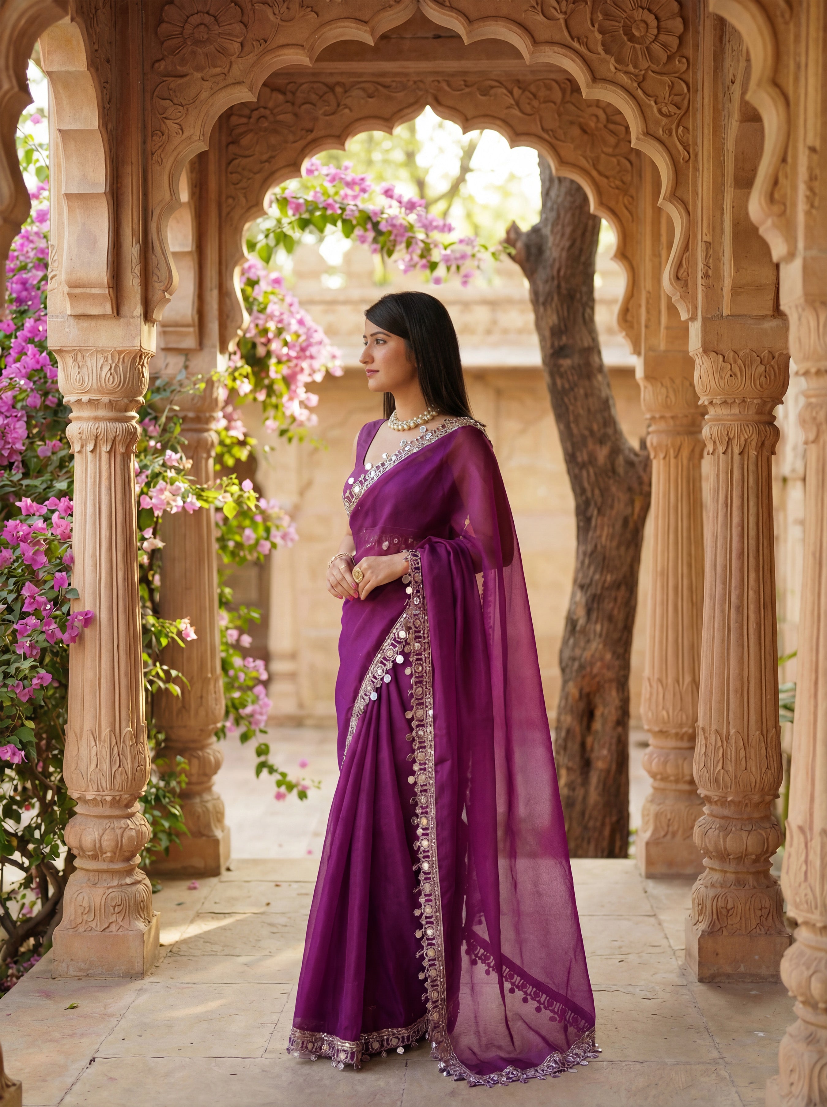 Burgundy Organza Mirror Work Saree