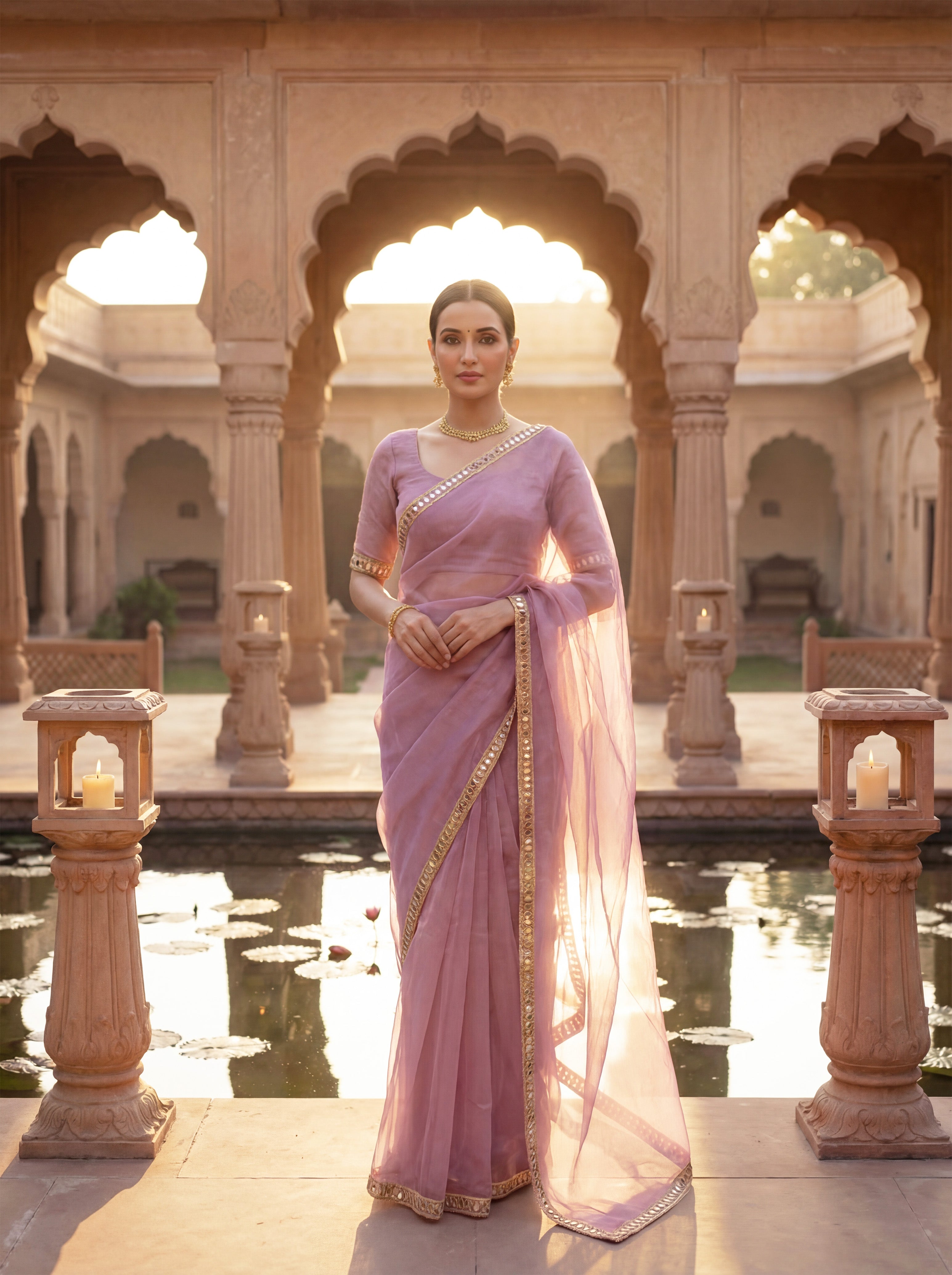 Pink Tissue Geometric Mirror Work Saree