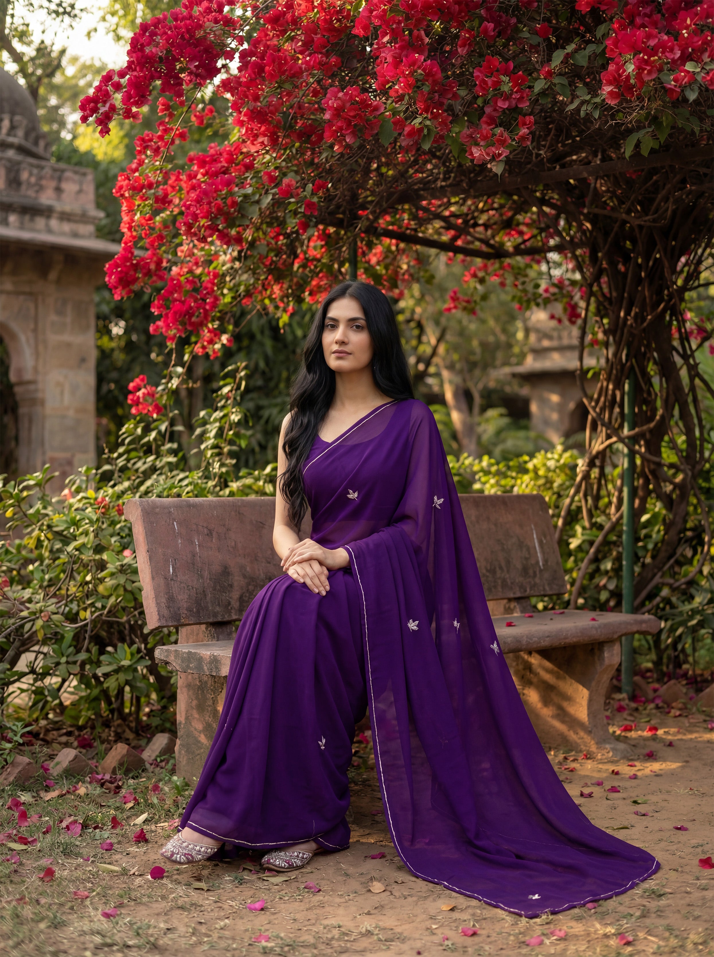 Purple Georgette Floral Stone & Beads Work Saree