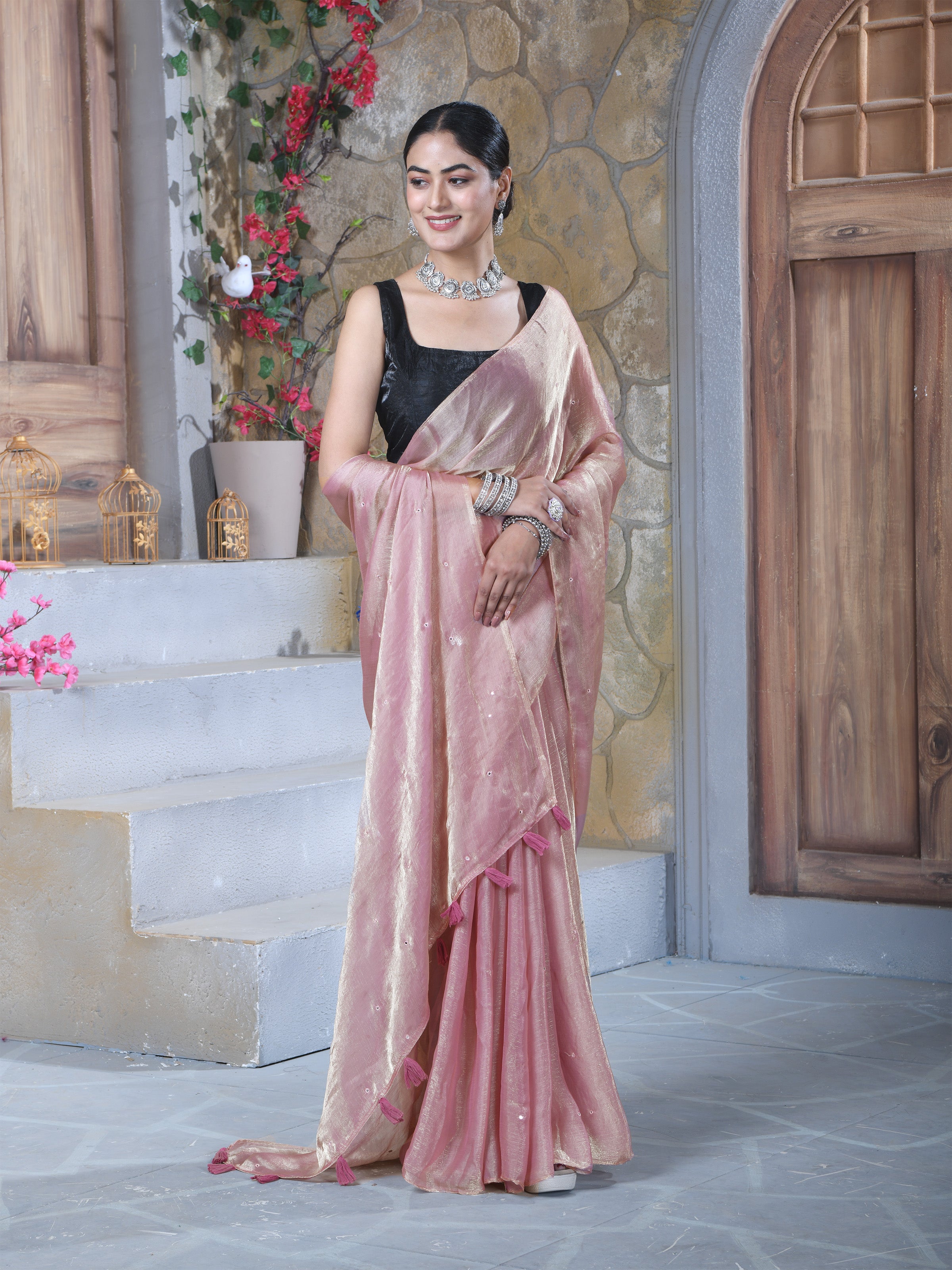 Pink Pure Chiffon Mirror Work Saree