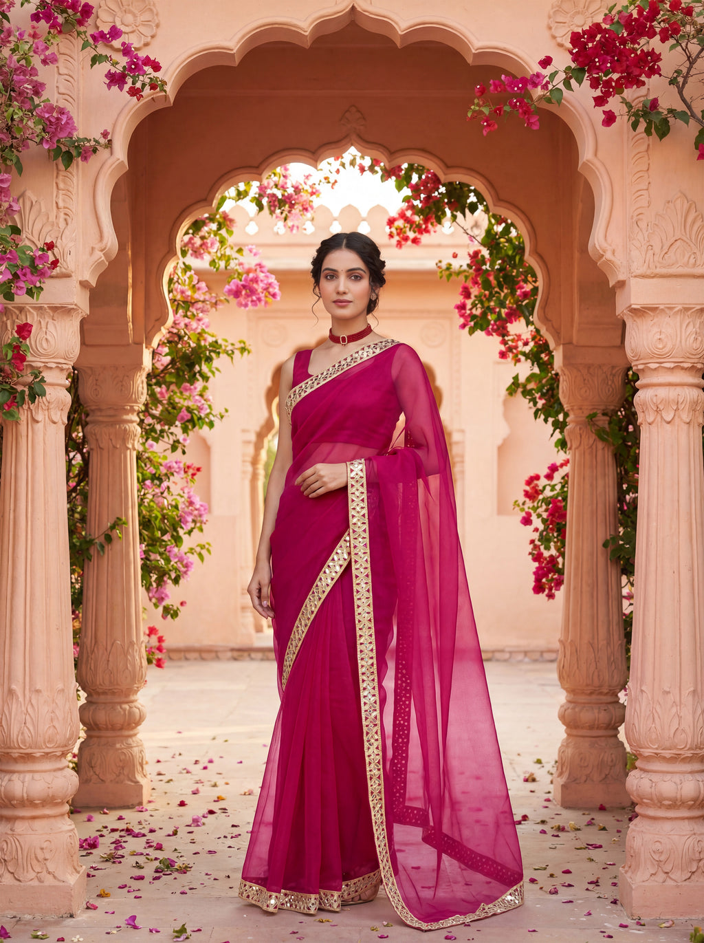 Pink Tissue Geometric Mirror Work Saree