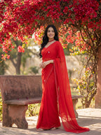 Red Georgette Floral Stone & Beads Work Saree