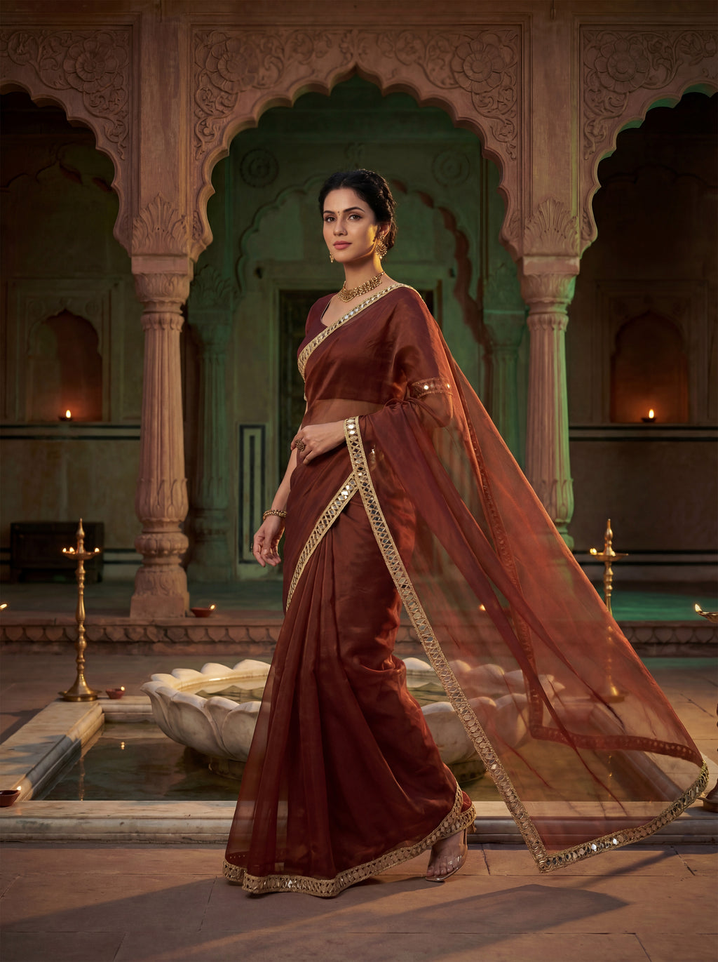 Maroon Tissue Geometric Mirror Work Saree