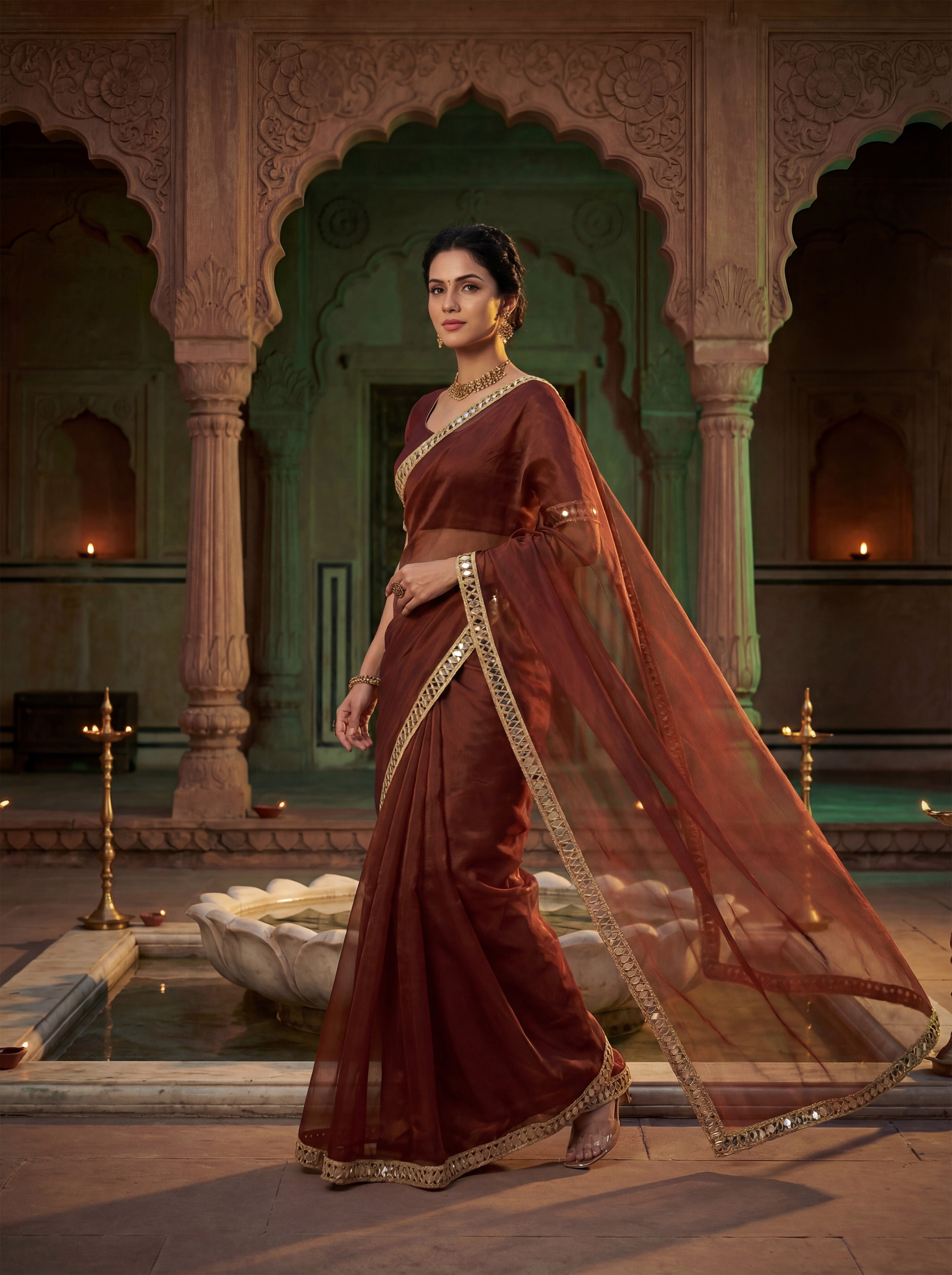 Maroon Tissue Geometric Mirror Work Saree