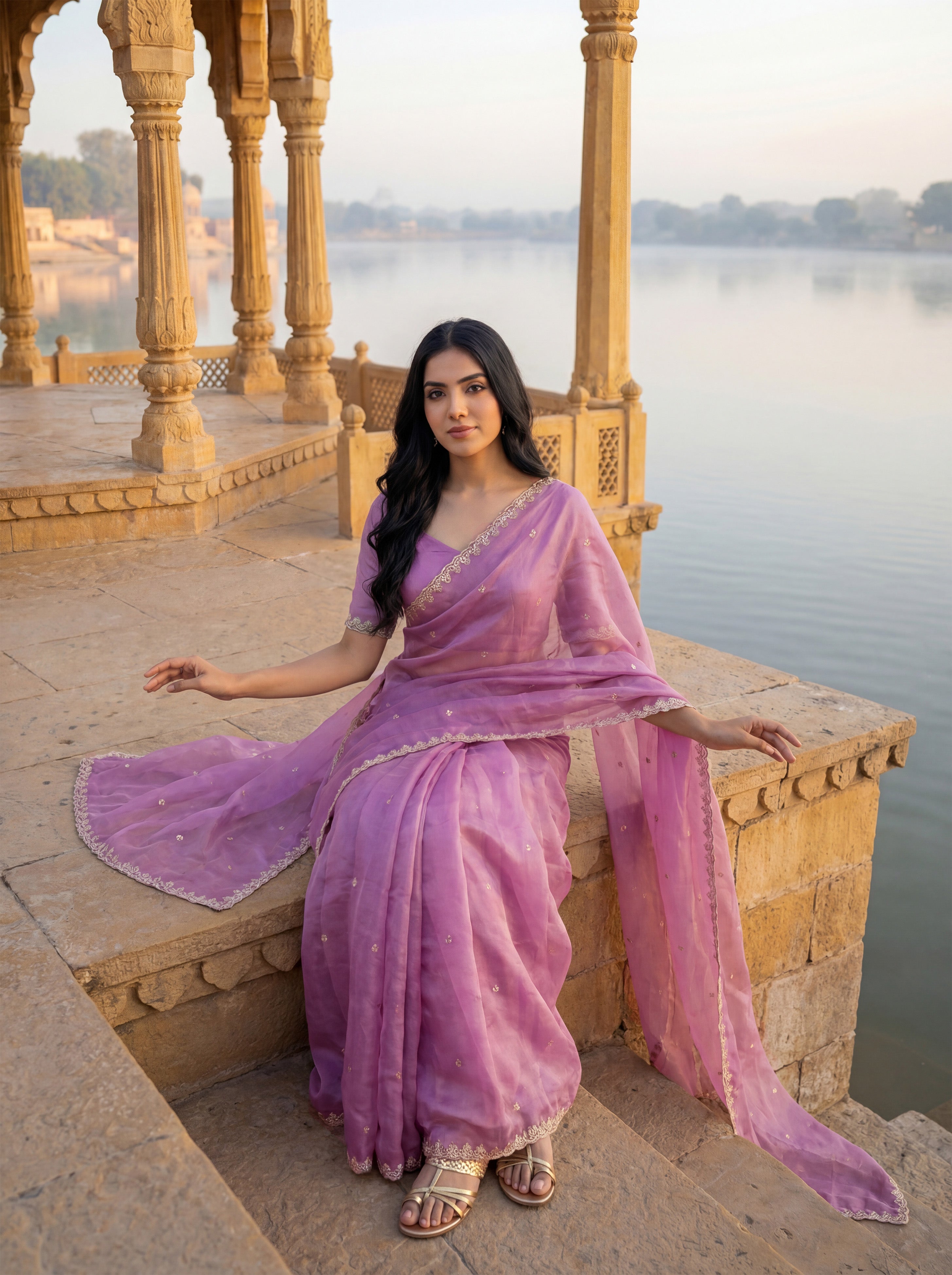 Pink Tissue Floral Zari Work Saree