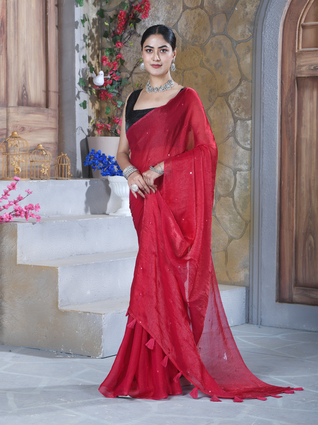 Red Pure Chiffon Mirror Work Saree