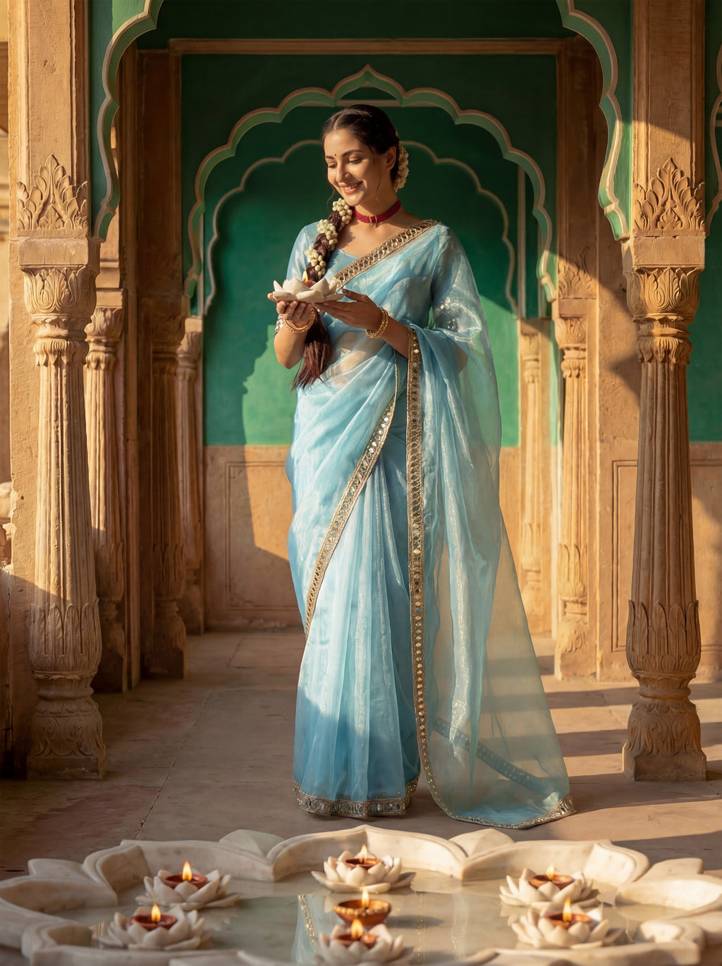 Blue Tissue Geometric Mirror Work Saree