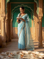Blue Tissue Geometric Mirror Work Saree