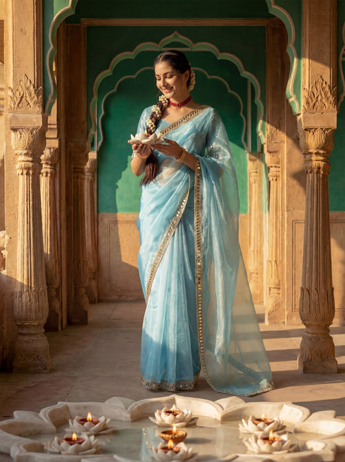 Blue Tissue Geometric Mirror Work Saree
