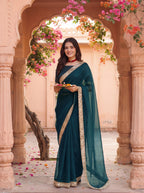 Teal Tissue Geometric Mirror Work Saree