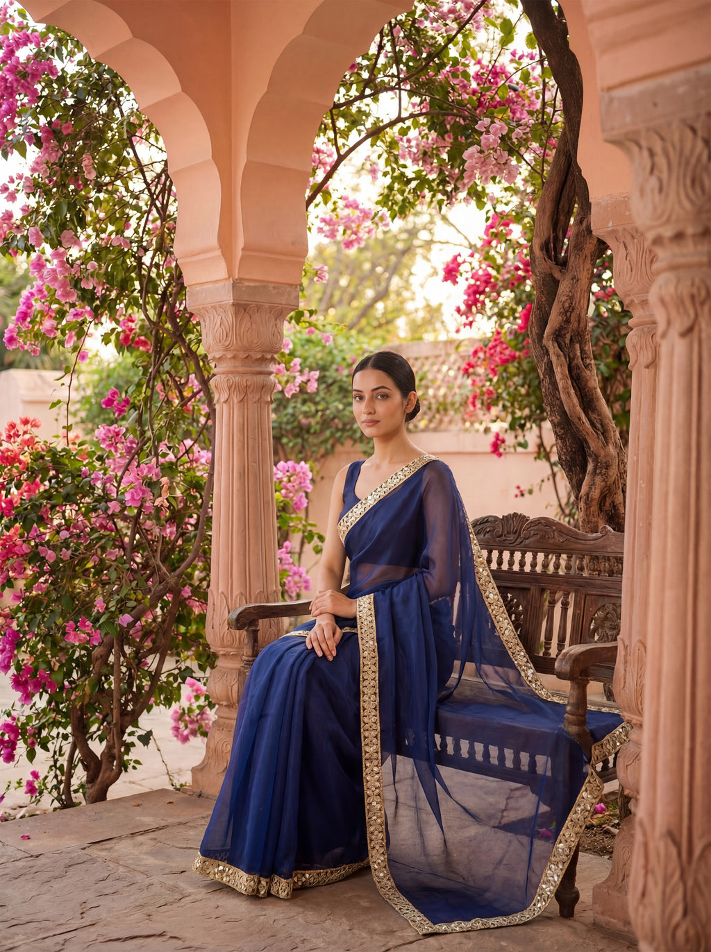 Blue Tissue Geometric Mirror Work Saree