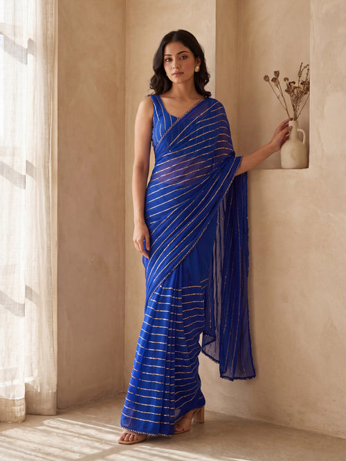 Blue Poly Georgette Striped Sequence Work Saree