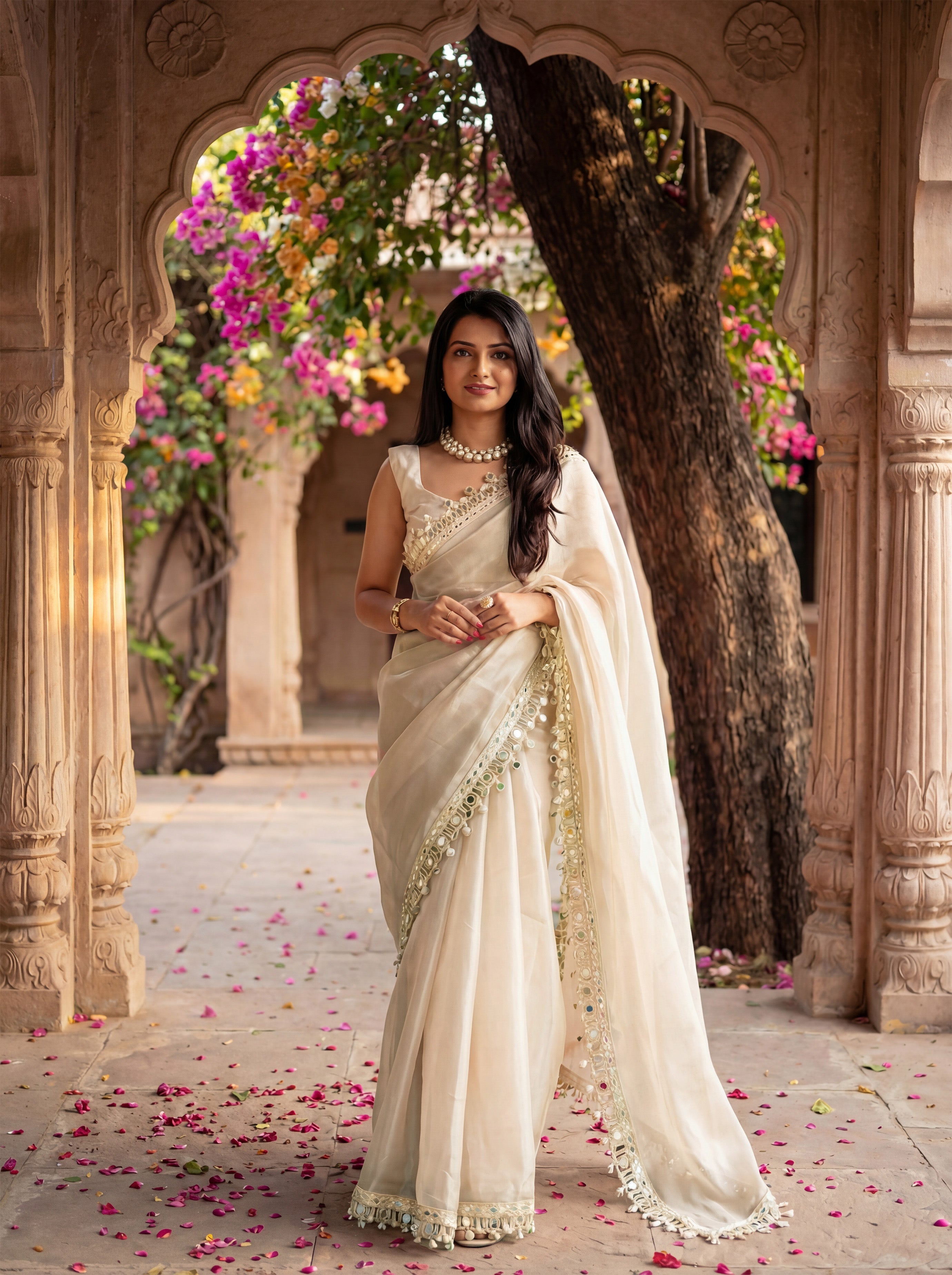 Beige Organza Mirror Work Saree