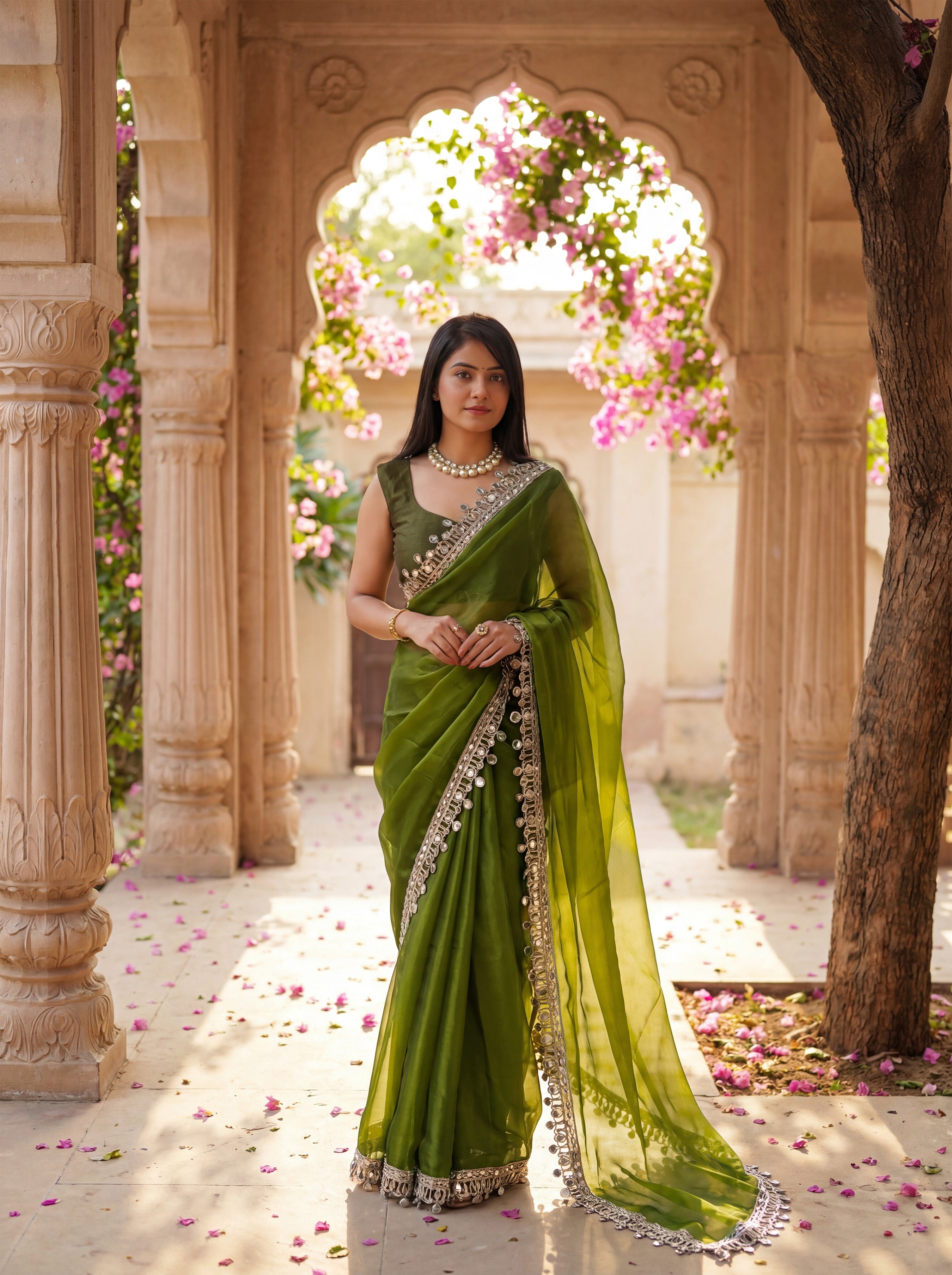 Green Organza Mirror Work Saree