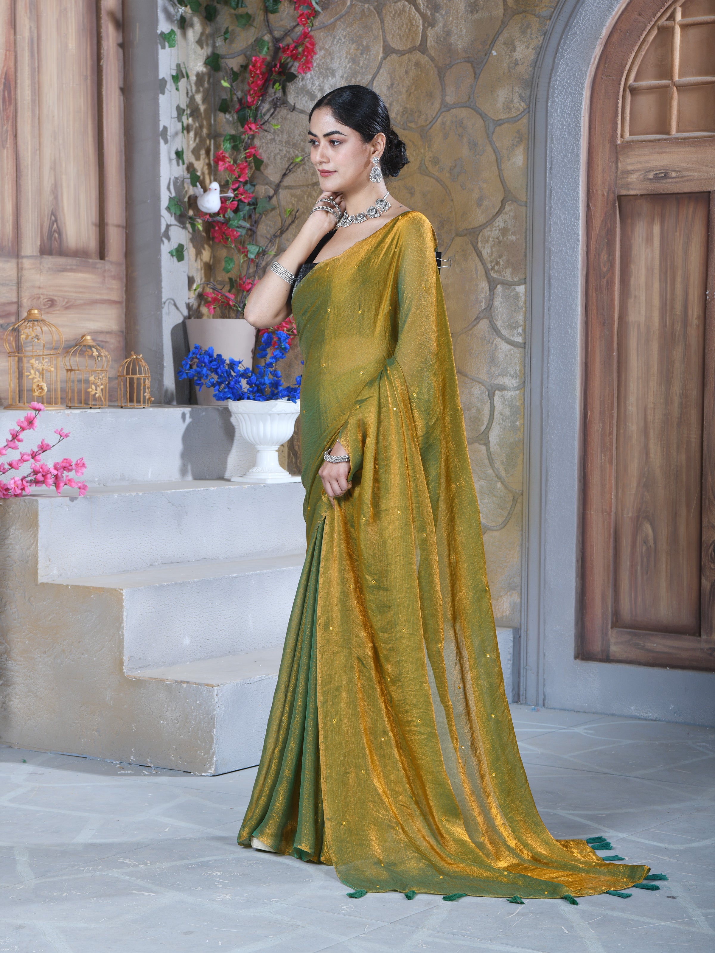 Gold Pure Chiffon Mirror Work Saree