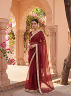 Maroon Tissue Geometric Mirror Work Saree