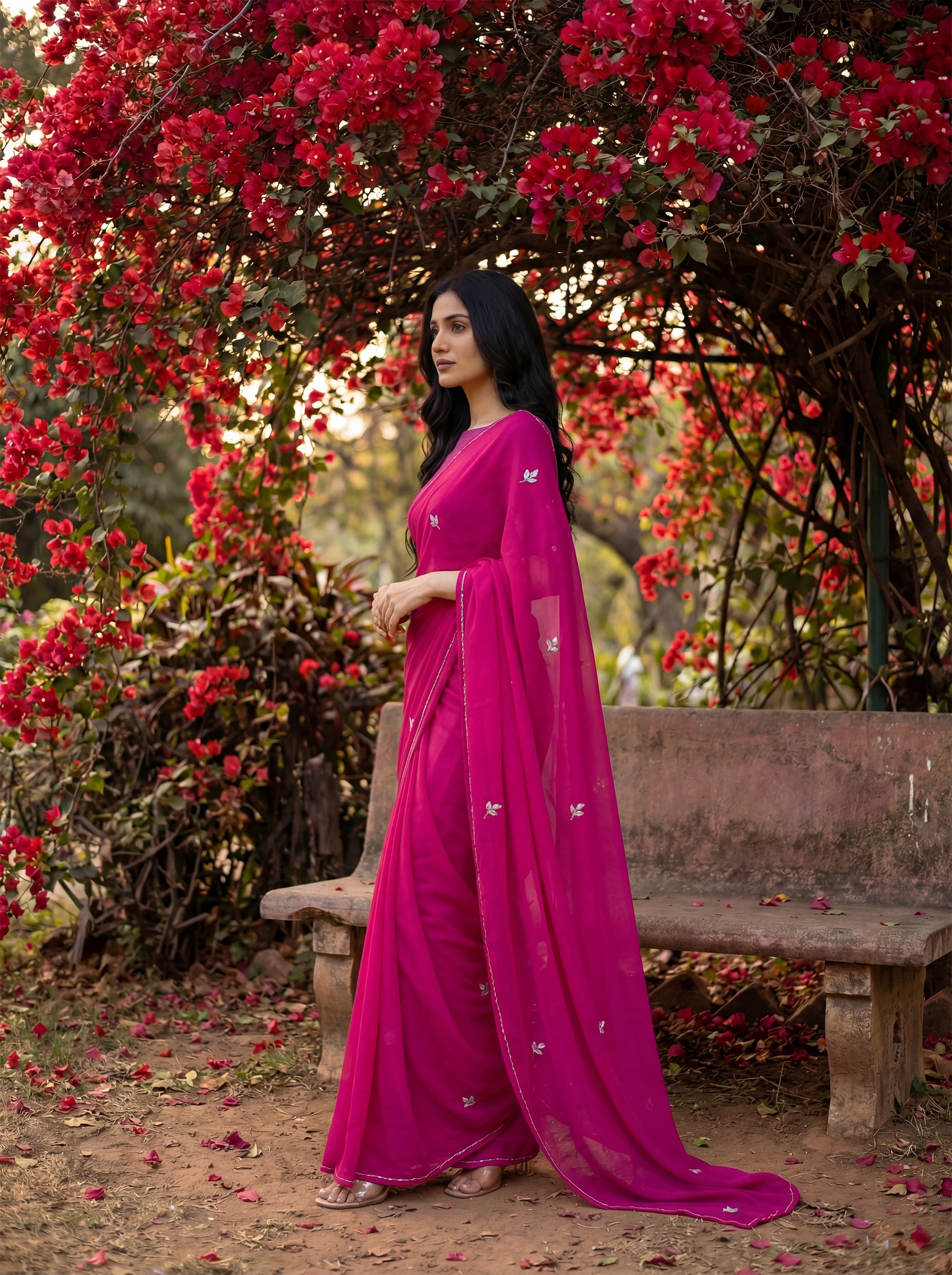 Pink Georgette Floral Stone & Beads Work Saree