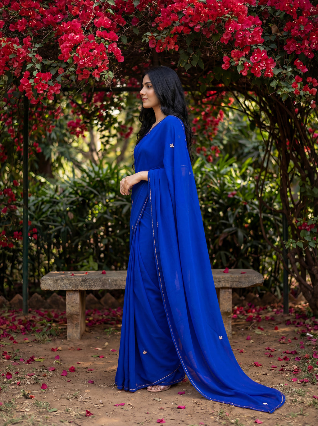 Blue Georgette Floral Stone & Beads Work Saree