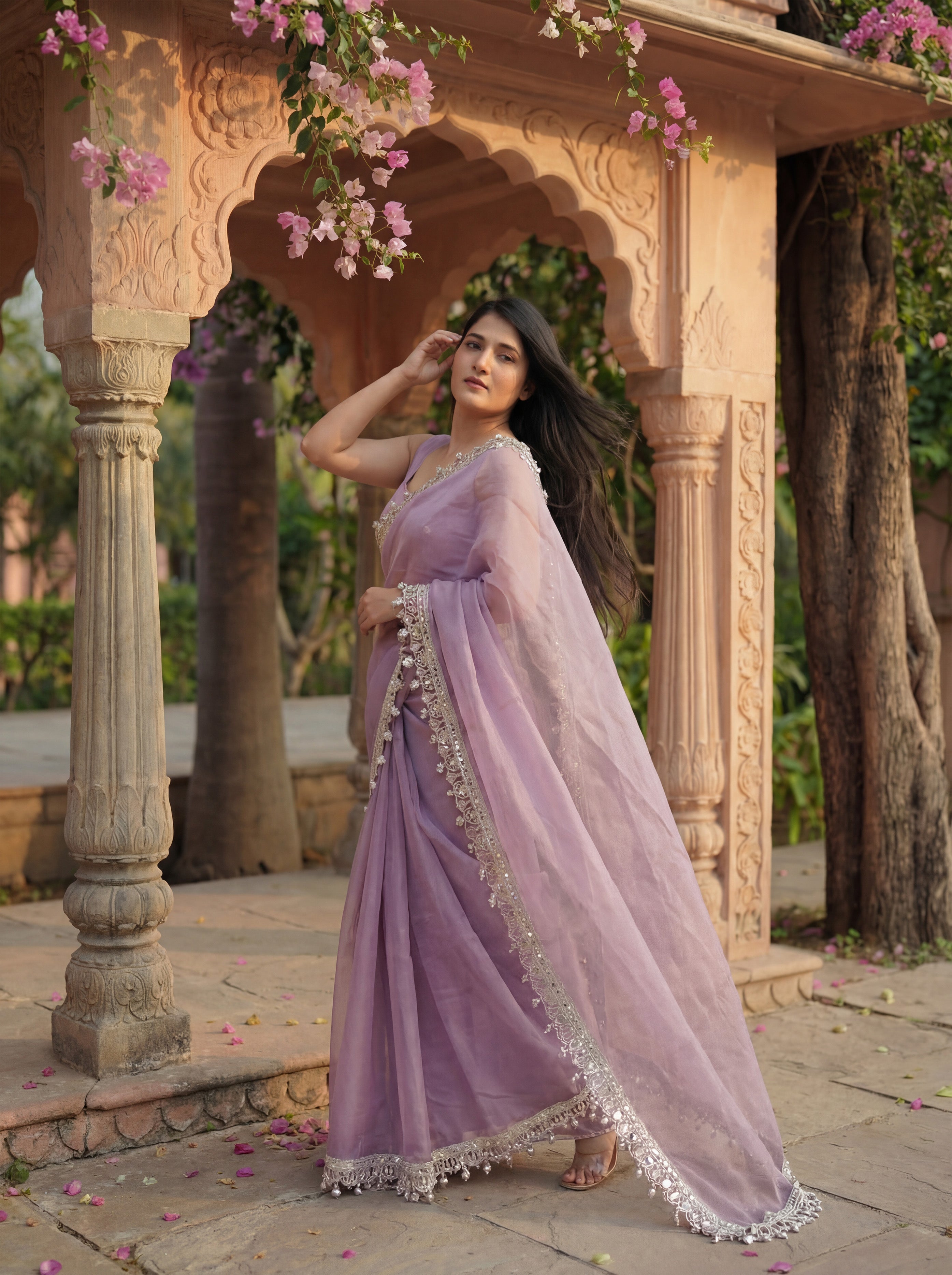 Lavender Organza Mirror Work Saree