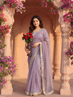 Lavender Tissue Geometric Mirror Work Saree
