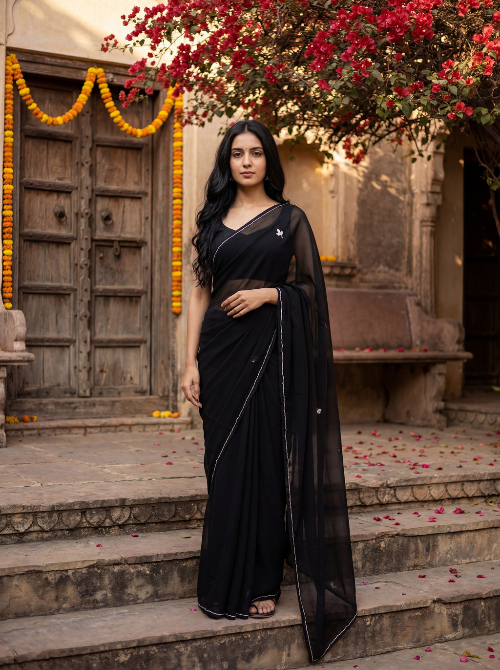 Black Georgette Floral Stone & Beads Work Saree