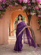Purple Organza Mirror Work Saree
