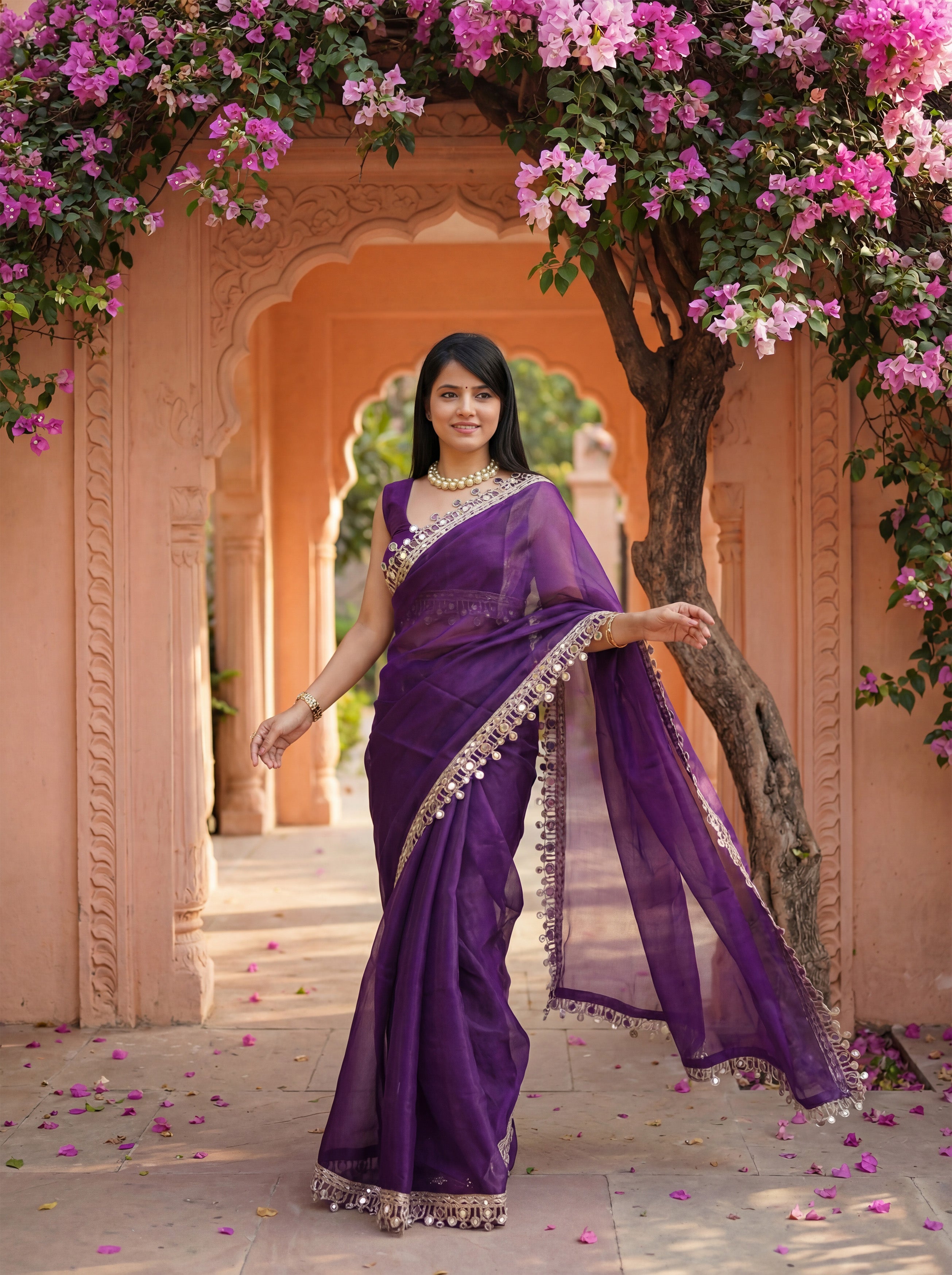 Purple Organza Mirror Work Saree