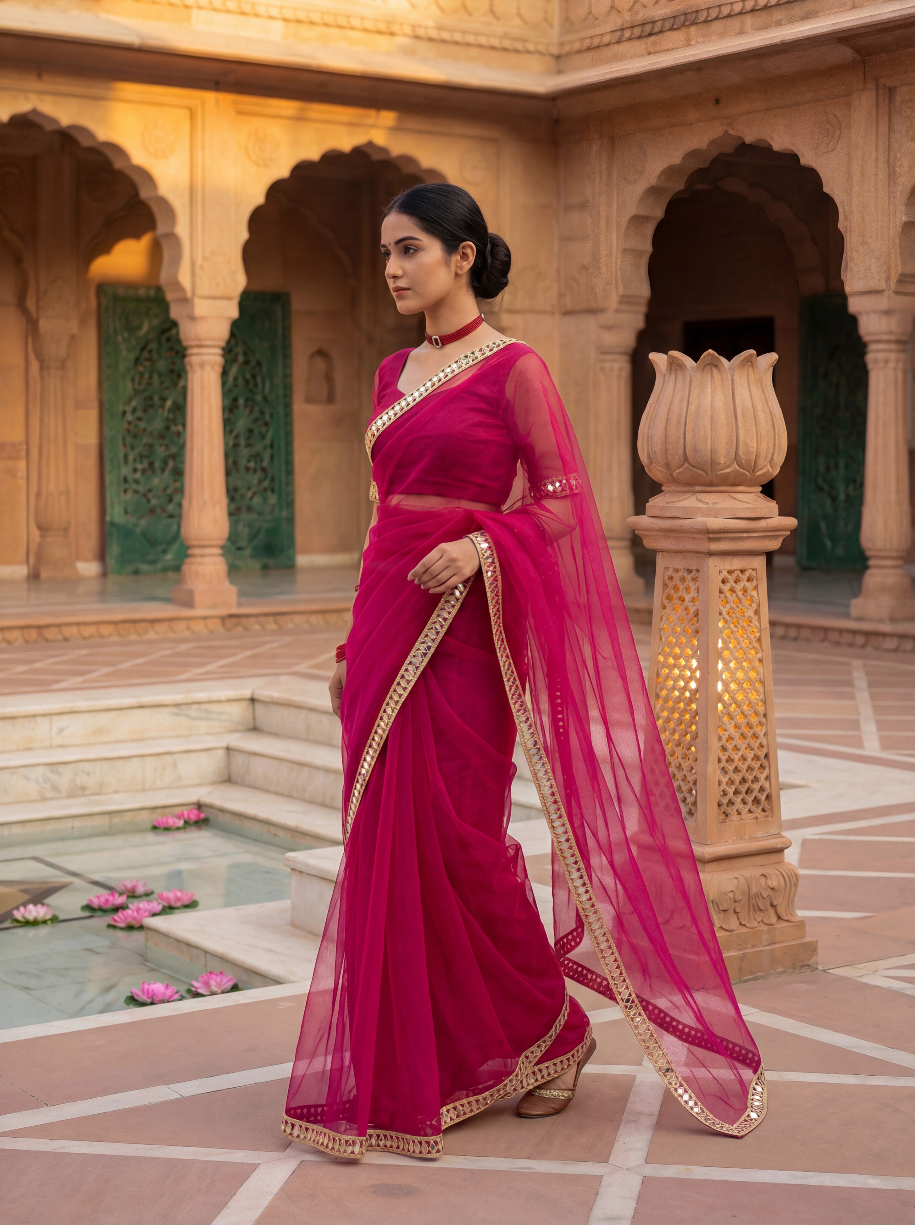 Pink Tissue Geometric Mirror Work Saree