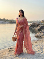 Pink Tissue Geometric Sequence Work Saree