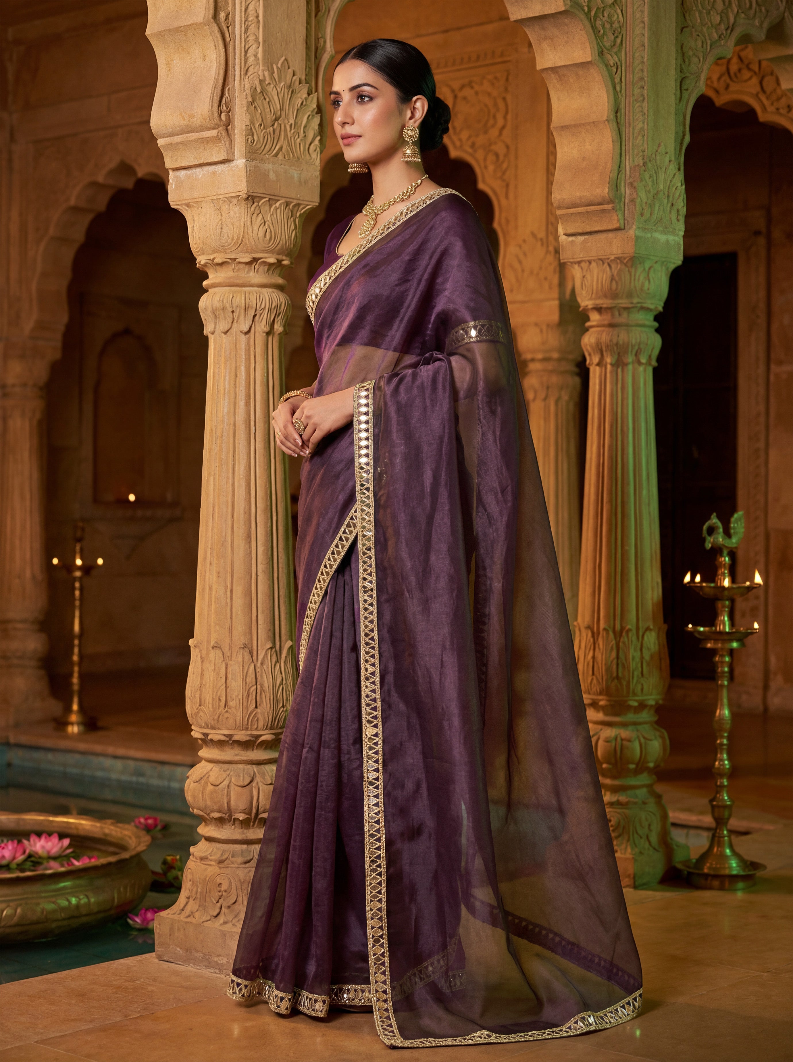 Magenta Tissue Geometric Mirror Work Saree