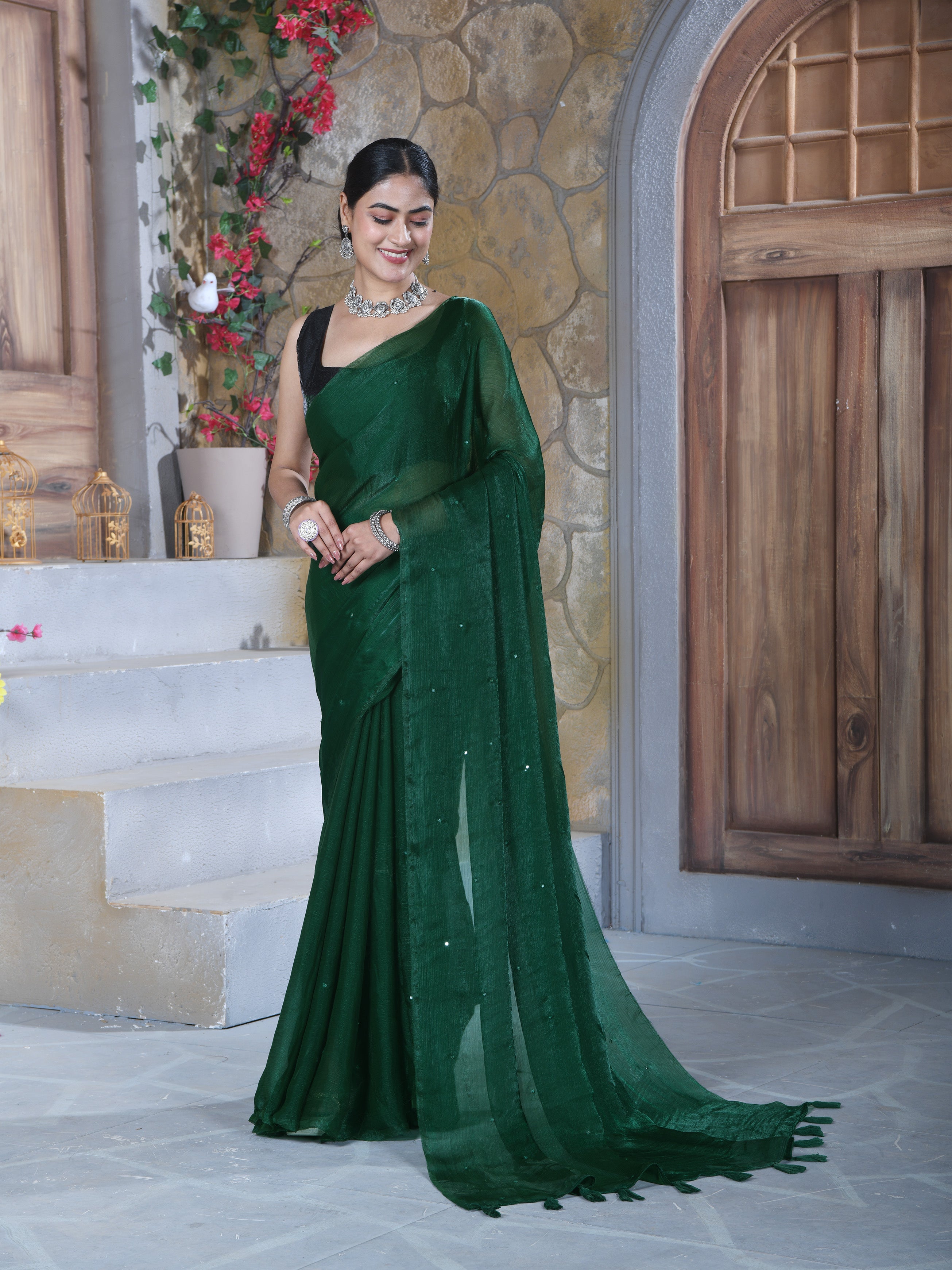 Green Pure Chiffon Mirror Work Saree