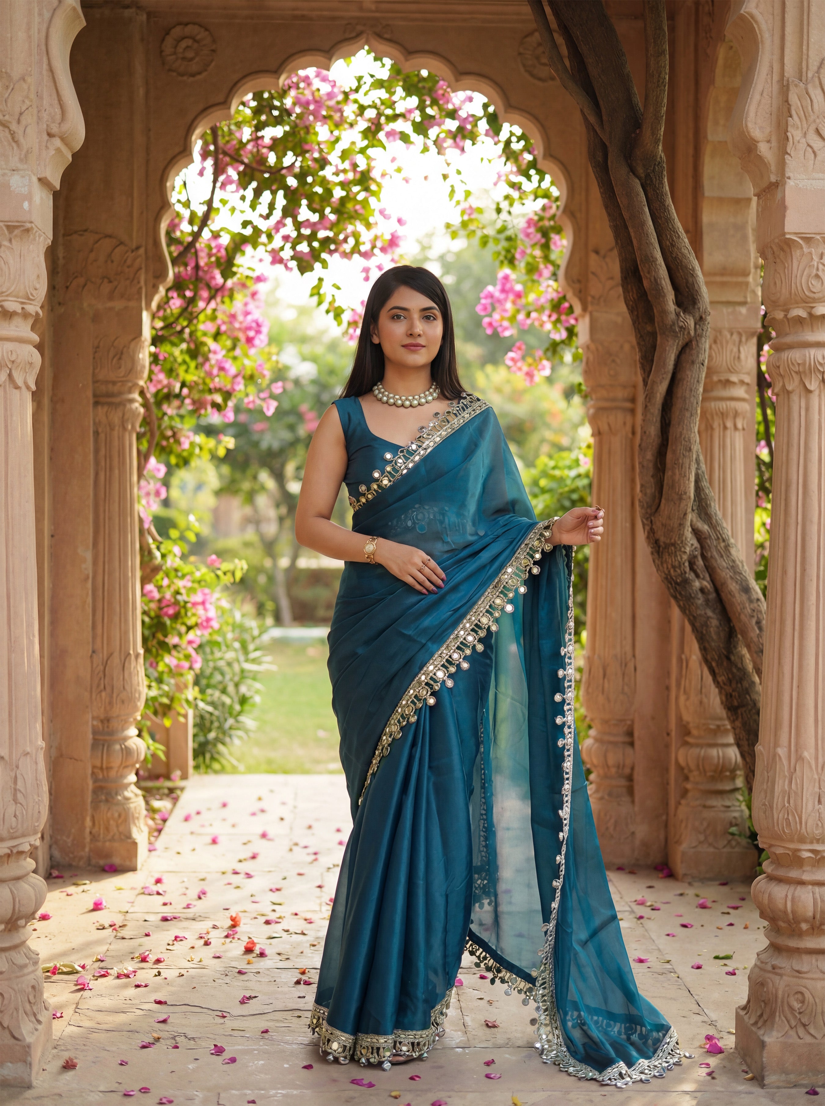 Teal Organza Mirror Work Saree