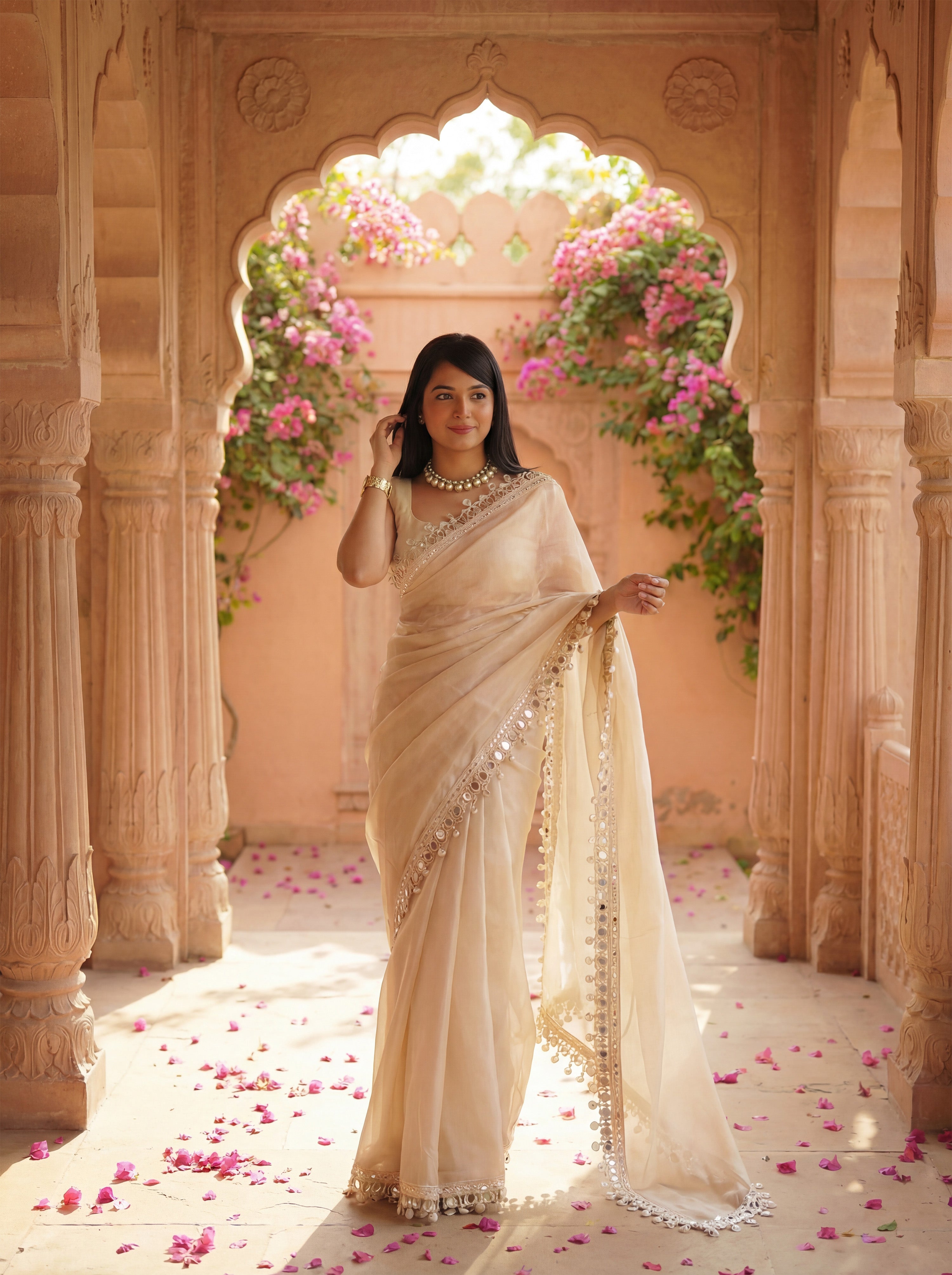 Beige Organza Mirror Work Saree