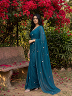 Teal Georgette Floral Stone & Beads Work Saree